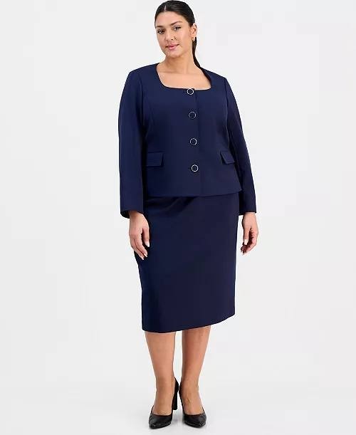 Le Suit Plus Size Square‑Neck Ponte Skirt Suit Midnight Navy 20W NWT $320