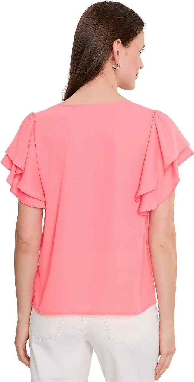 CeCe Women’s Double Flutter Sleeve Shirred Shoulder Top Coral Bloom L NWT $69