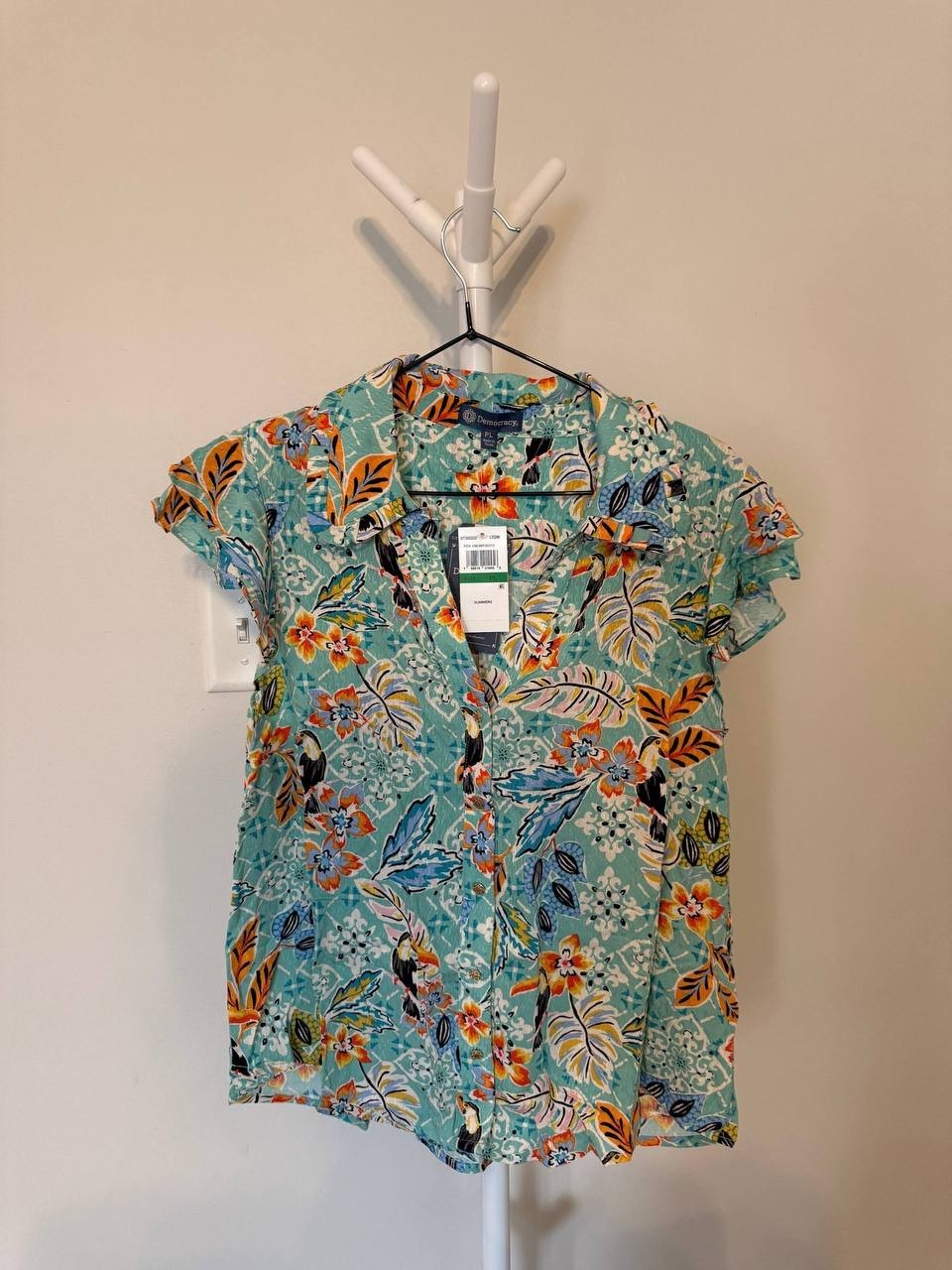 Democracy Flutter‑Sleeve Ruffle‑Edge Blouse Light Turquoise– Size PL–NWT–MSRP$68