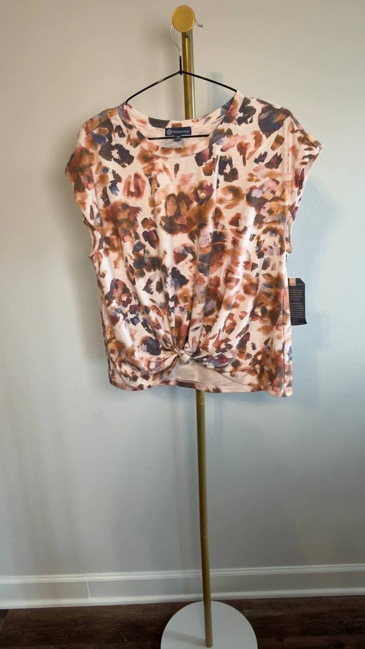 Democracy Knot‑Hem Cap‑Sleeve Printed Knit Top Summer1 M NWT $48