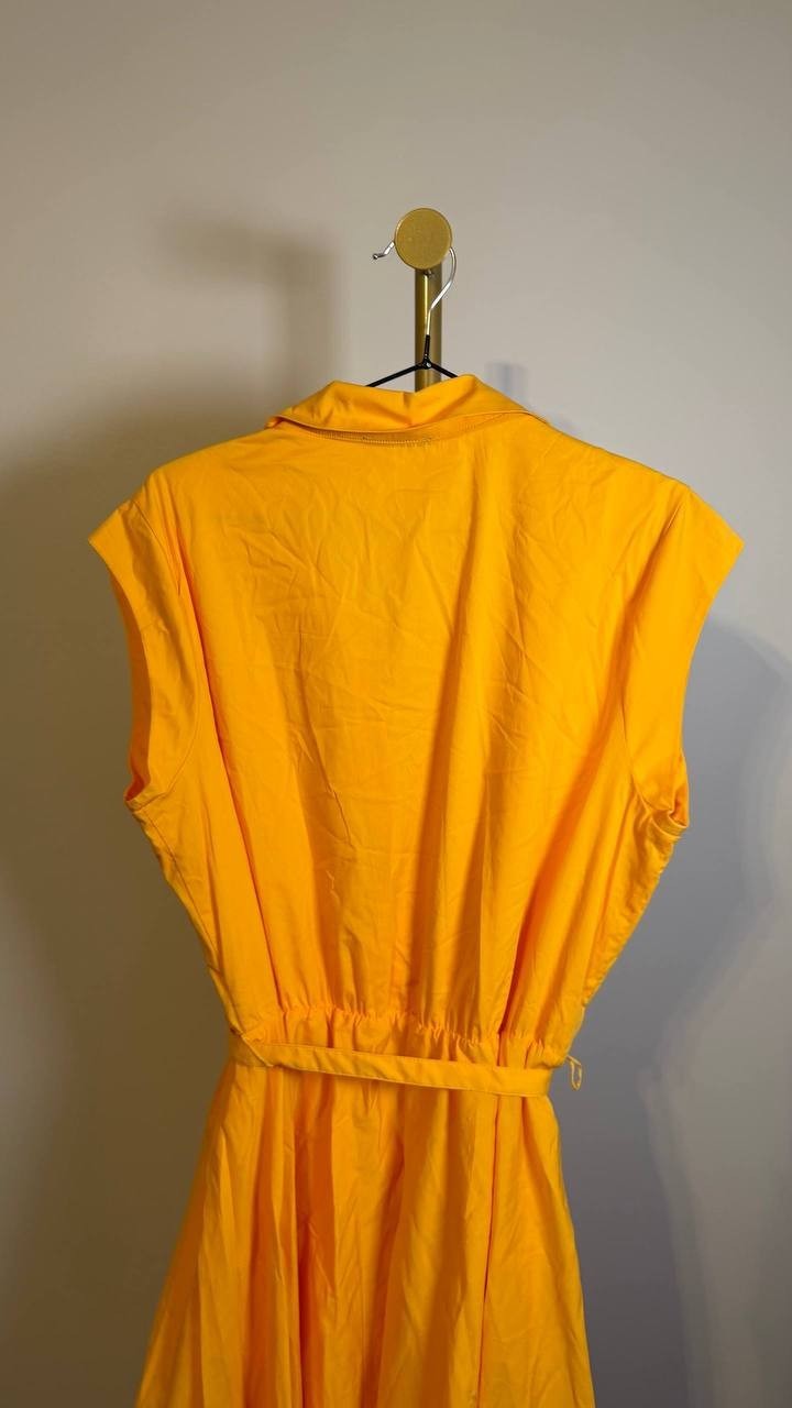 T Tahari Fit & Flare Belted Button Front Dress Mango Yellow 12 $158 NWT