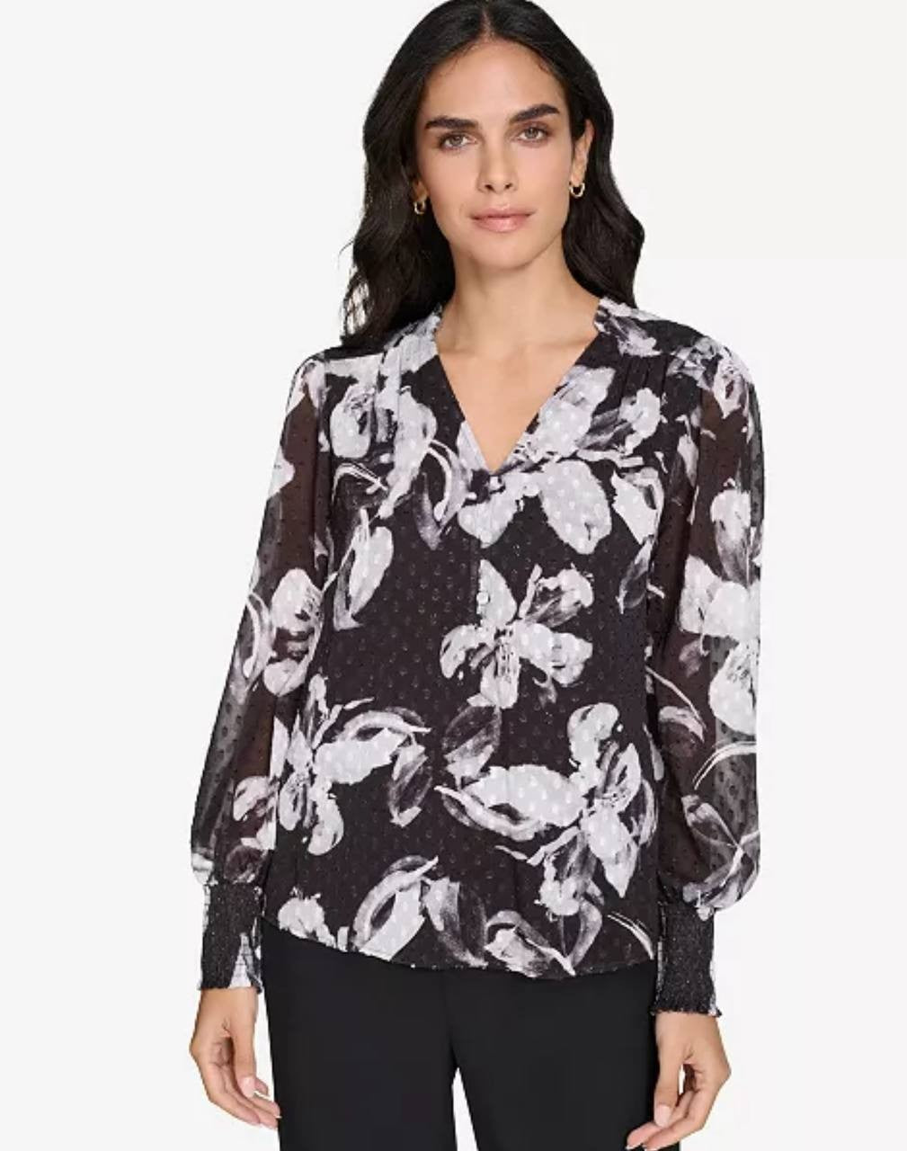 Calvin Klein Floral Blouse Multicolor V-Neck Roll-Tab Sleeve Women's L NWT