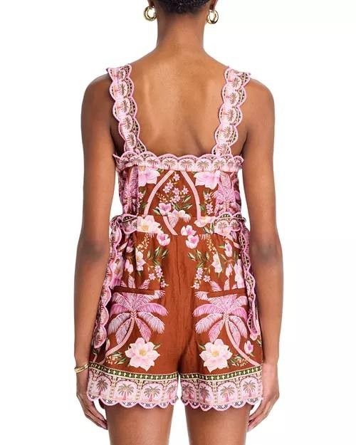 FARM Rio Palm Dream Pleated Romper XS NWT Floral Linen-Blend One-Piece