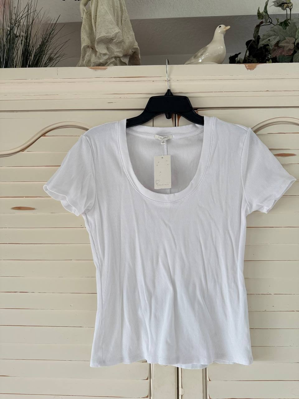 Z SUPPLY Sirena Rib Tee L White Scoop Neck Stretch Cotton NWT