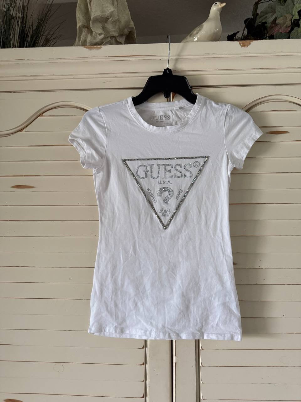 GUESS Rhinestone Logo Tee for Women - White with Silver Strass, XS Slim Fit