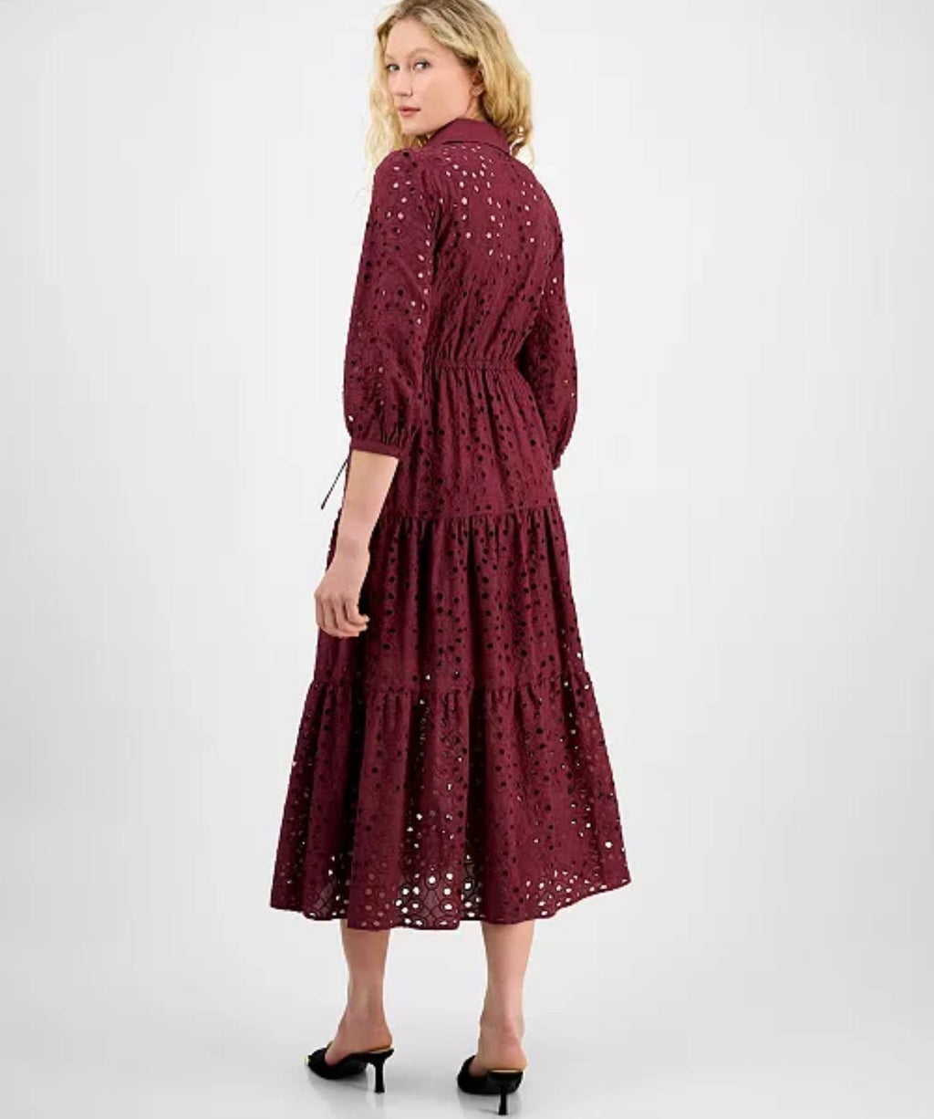 Julia Jordan Women’s Eyelet Tie‑Waist 3/4‑Sleeve Midi Dress – Wine – Size 4  NWT