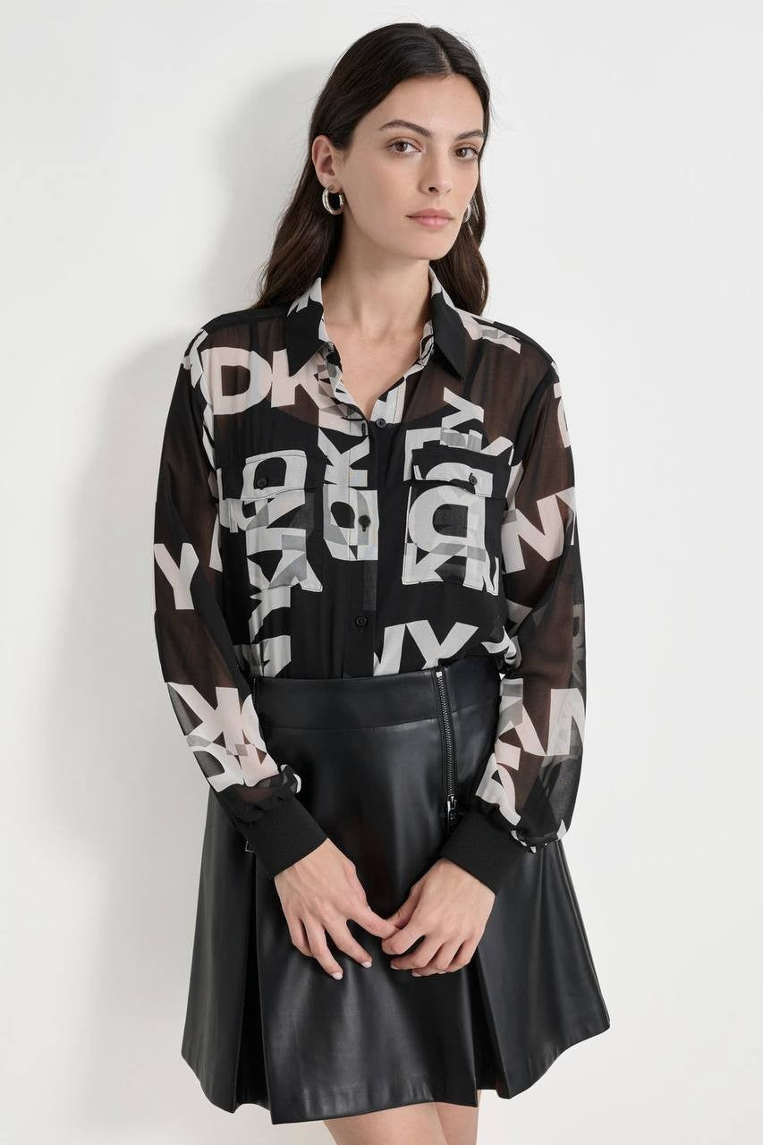 DKNY Foundation  Logo Print Blouse  Modern  Black  Size M  NWT  msrp $89