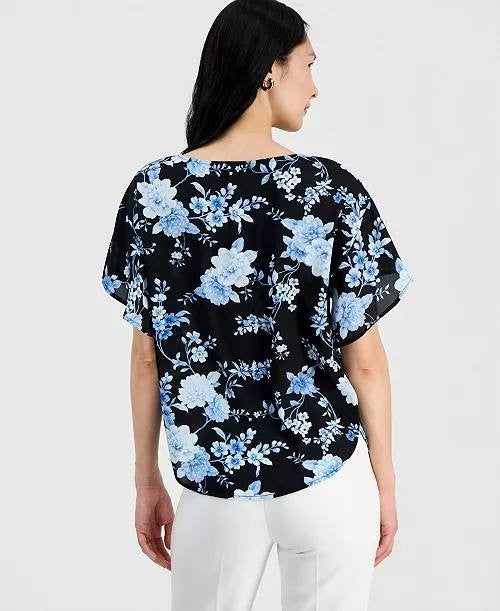 Anne Klein Boat‑Neck Flutter‑Sleeve Blouse Black Multi XL NWT $69
