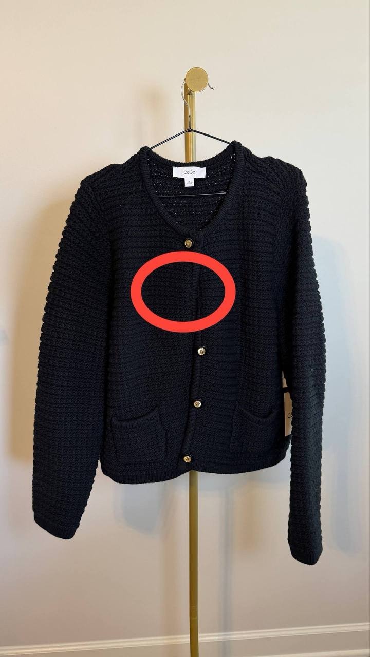 CeCe Texture Cardigan Black Crewneck Patch Pockets SizeXL NWT$119 button missing