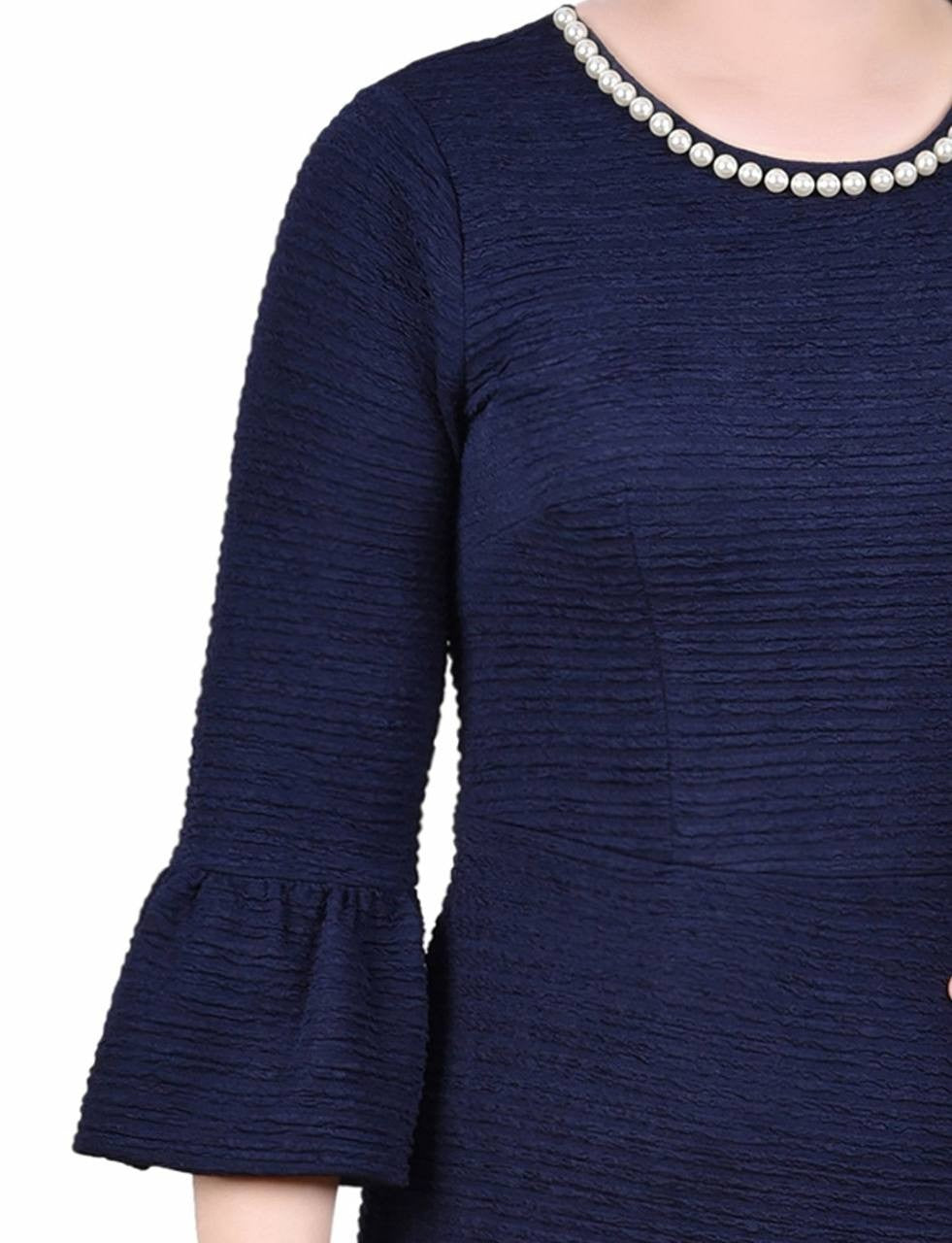 NY Collection Women’s Pearl Detail 3/4 Sleeve Dress Navy 3X Petite $65 NWT