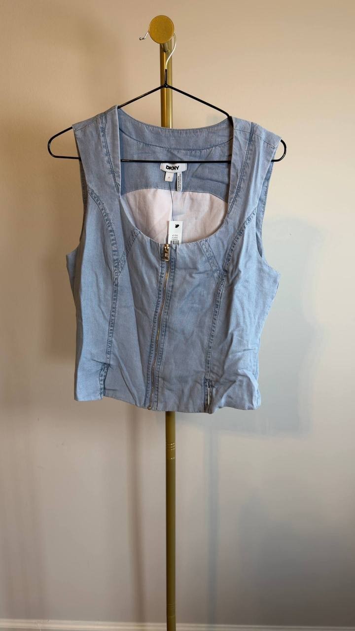 DKNY Zip‑Front Corset Top Light Chambray S NWT $89