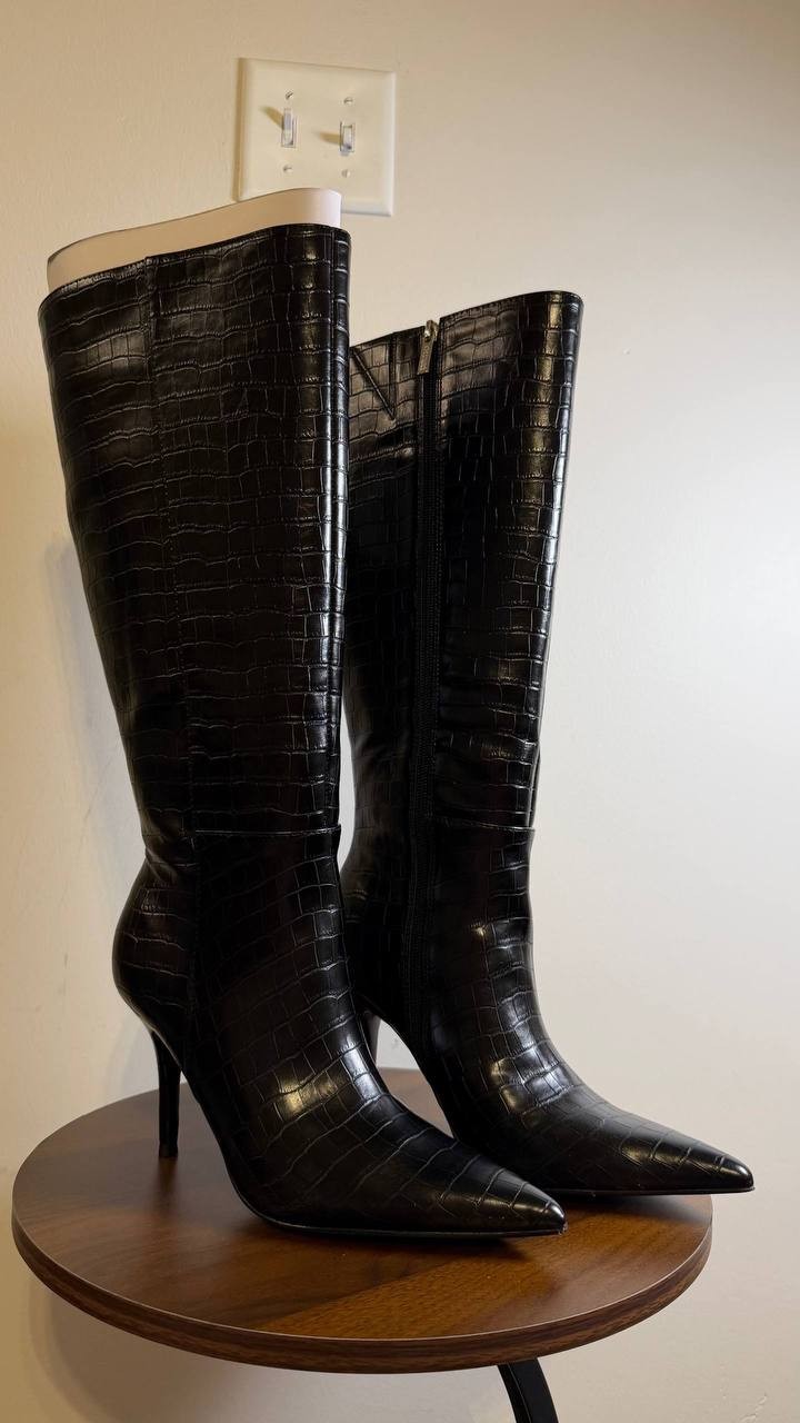 Guess Gressa Boots 7.5M Black Man‑Made Tall Pointed Toe Stiletto NIB msrp$179