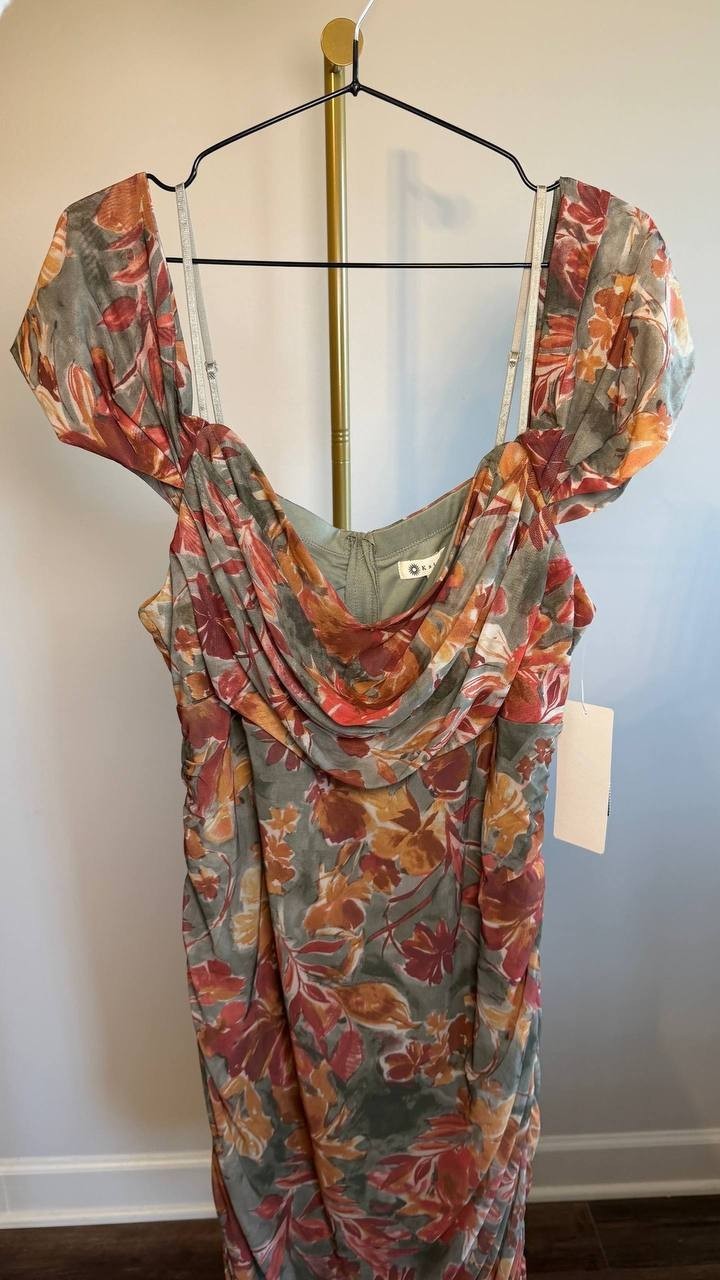 Katia Rae Plus Size Printed Cowlneck Midi Dress Olive Multi 18 NWT $85