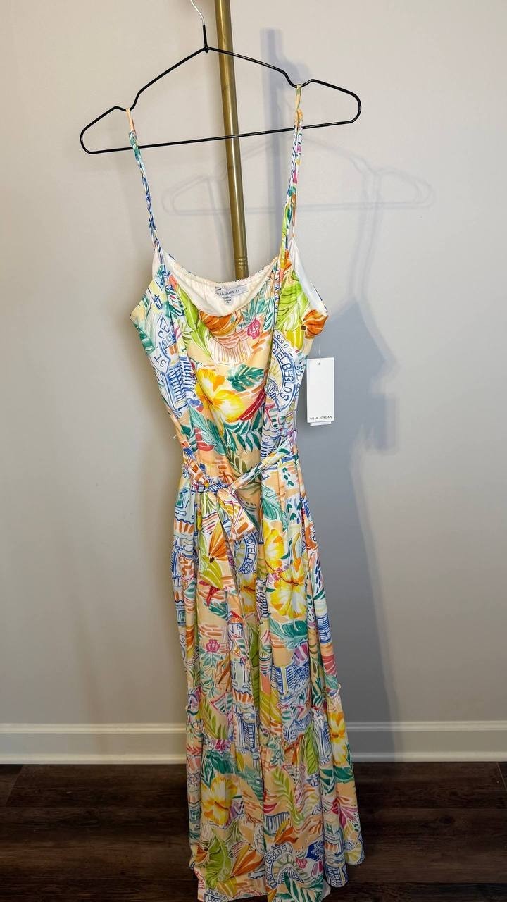 Julia Jordan Straight‑Neck Sleeveless Printed Dress Ivory Multi L NWT $129