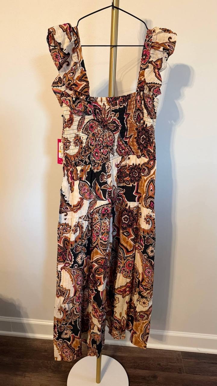 Vince Camuto Paisley Tiered Midi Sundress Brown Mult M $108 NWT