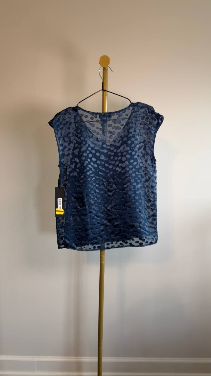 Donna Karan New York Cap‑Sleeve Silk‑Blend Burnout Blouse XS Blue NWT $129