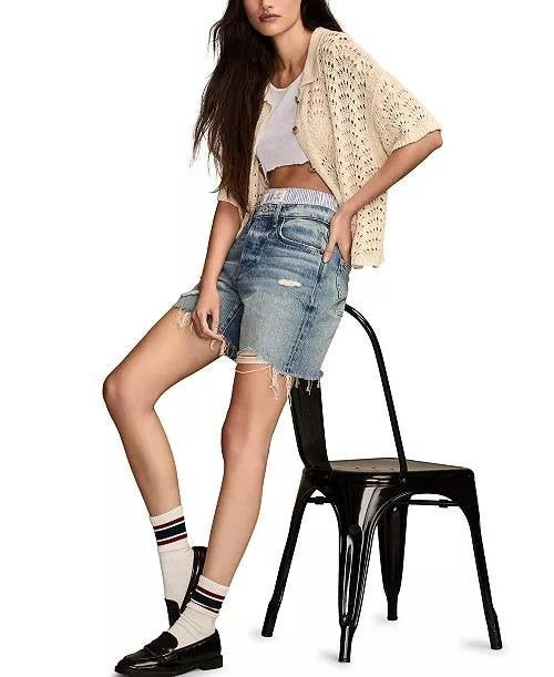Lucky Brand Short Sleeve Cropped Button‑Up Sweater – Size XS – NWT