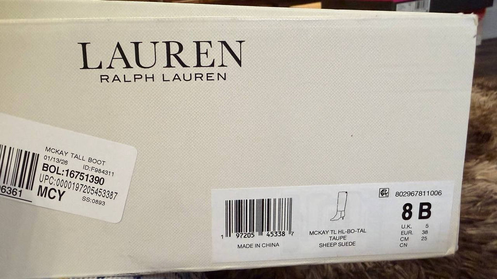 Lauren Ralph Lauren McKay Boots 8B Taupe Suede Tall Pointed Toe NIB msrp$275
