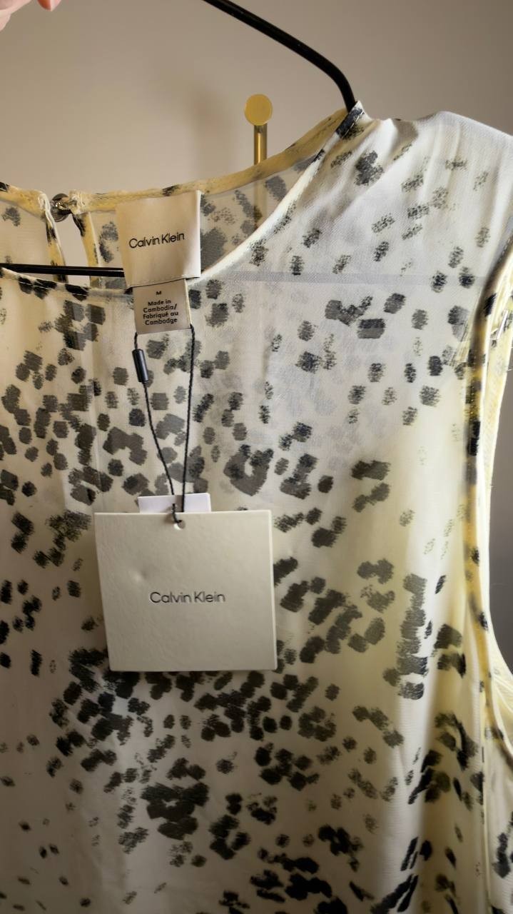 Calvin Klein Printed Chiffon Midi Dress Light Grey M NWT $149