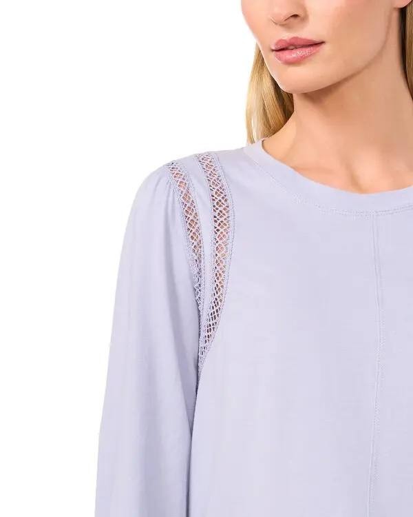 CeCe Dupraz Lace Inset Swing Top Slate Blue Cotton Blouse - Size S NWT