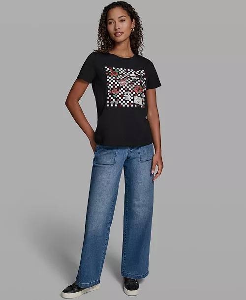 Karl Lagerfeld Paris Checkboard Logo Crewneck Motif Top M Black NWT $59