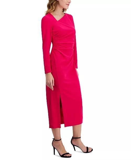 Anne Klein Ruched Midi Dress – Size XL – NWT – Rich Red Asymmetrical NeckLongSle