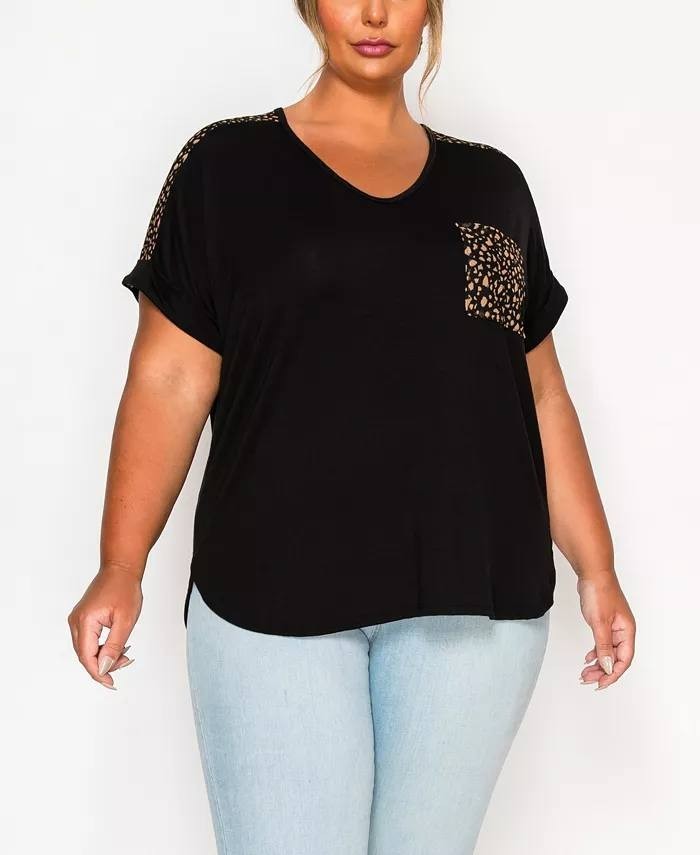 Coin 1804 Plus Size Rolled Sleeve Top Mesh Pocket Black 3X NWT $30