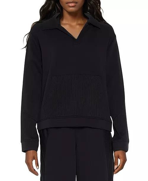 Three Dots Kendra Collared V‑Neck Long‑Sleeve Top Black XS NWT $88
