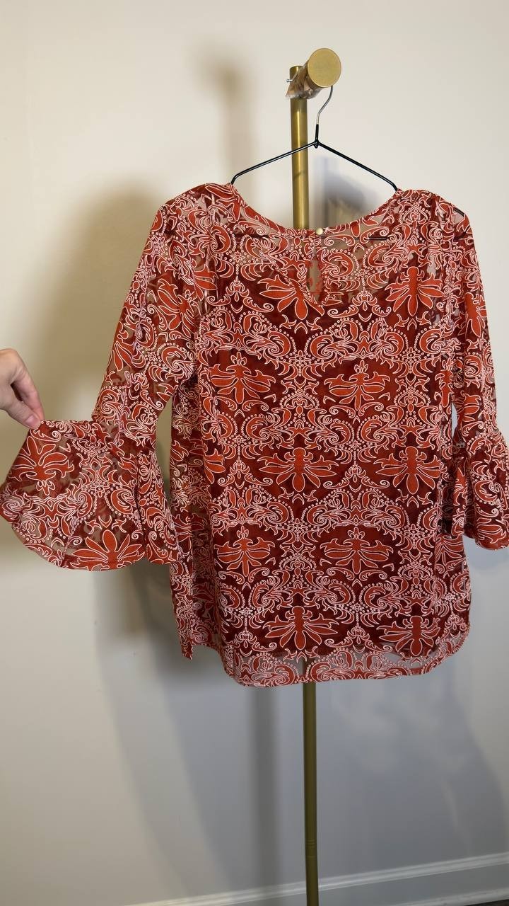NY Collection Bell Sleeve Lace Blouse & Solid Camisole Red L NWT $44