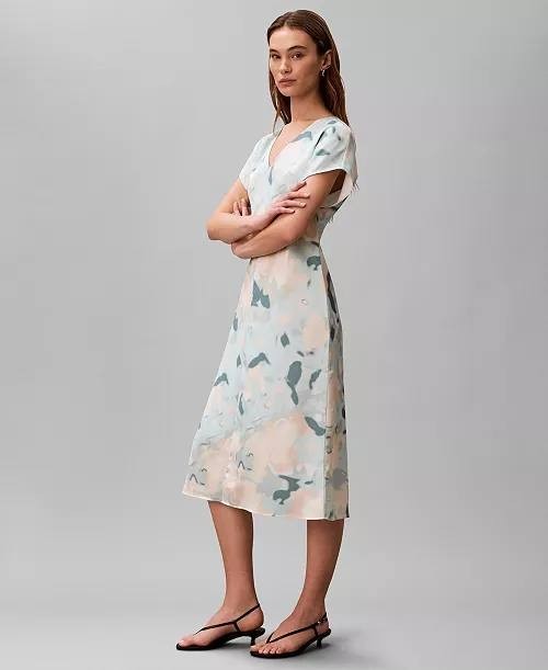 Calvin Klein Satin Print V‑Neck Midi Dress Pale Meadow S NWT $169