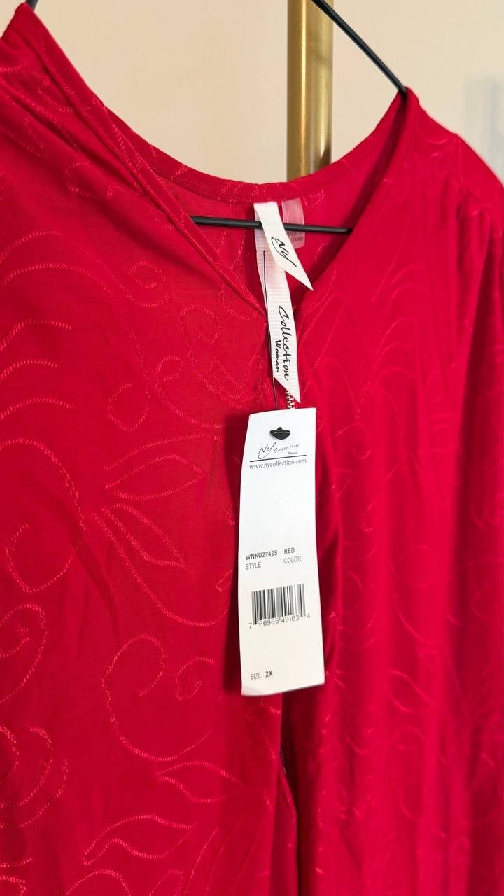 NY Collection Women’s 3/4 Roll Tab Zip Front Top Red 2X $44 NWT