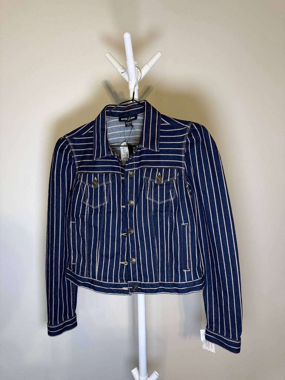 Nautica Jeans Striped Denim Puff‑Shoulder Jacket –Blue– XS – NWT – $109.50