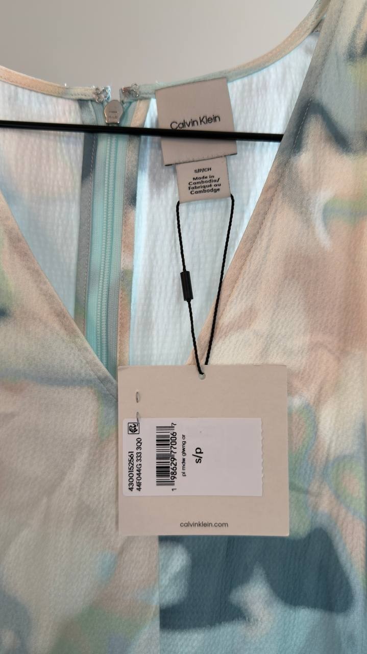 Calvin Klein Satin Print V‑Neck Midi Dress Pale Meadow S NWT $169