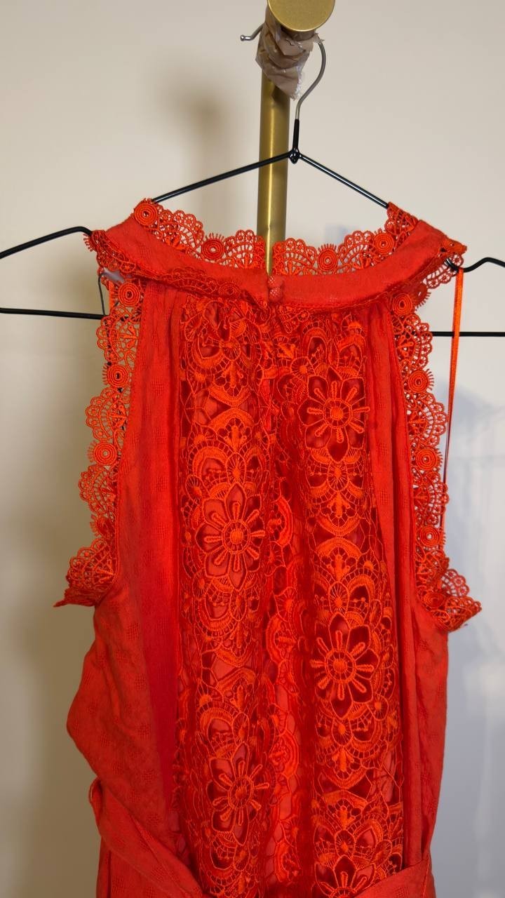 T Tahari Sleeveless Halter Lace Maxi Dress Bright Poppy S/P NWT $178