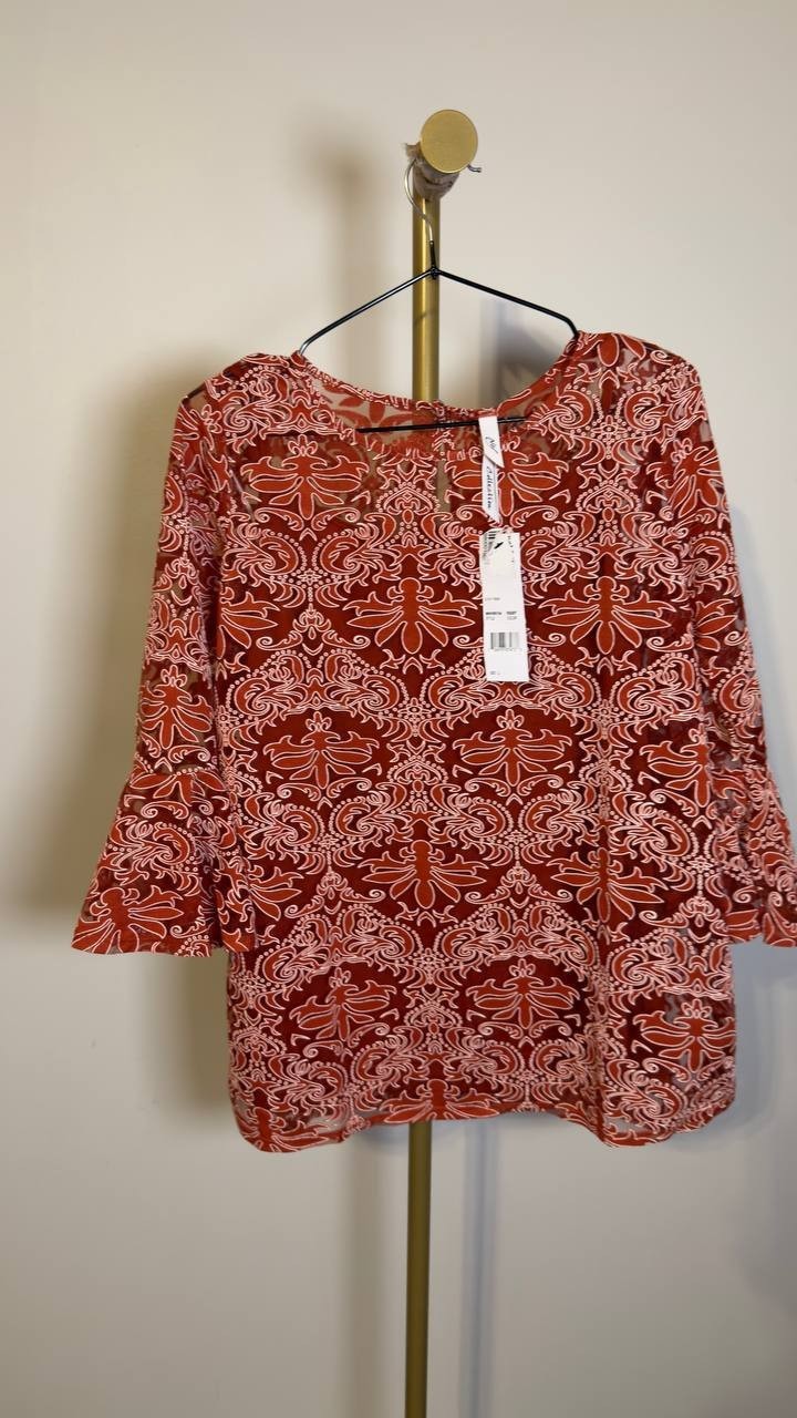 NY Collection Bell Sleeve Lace Blouse & Solid Camisole Red L NWT $44