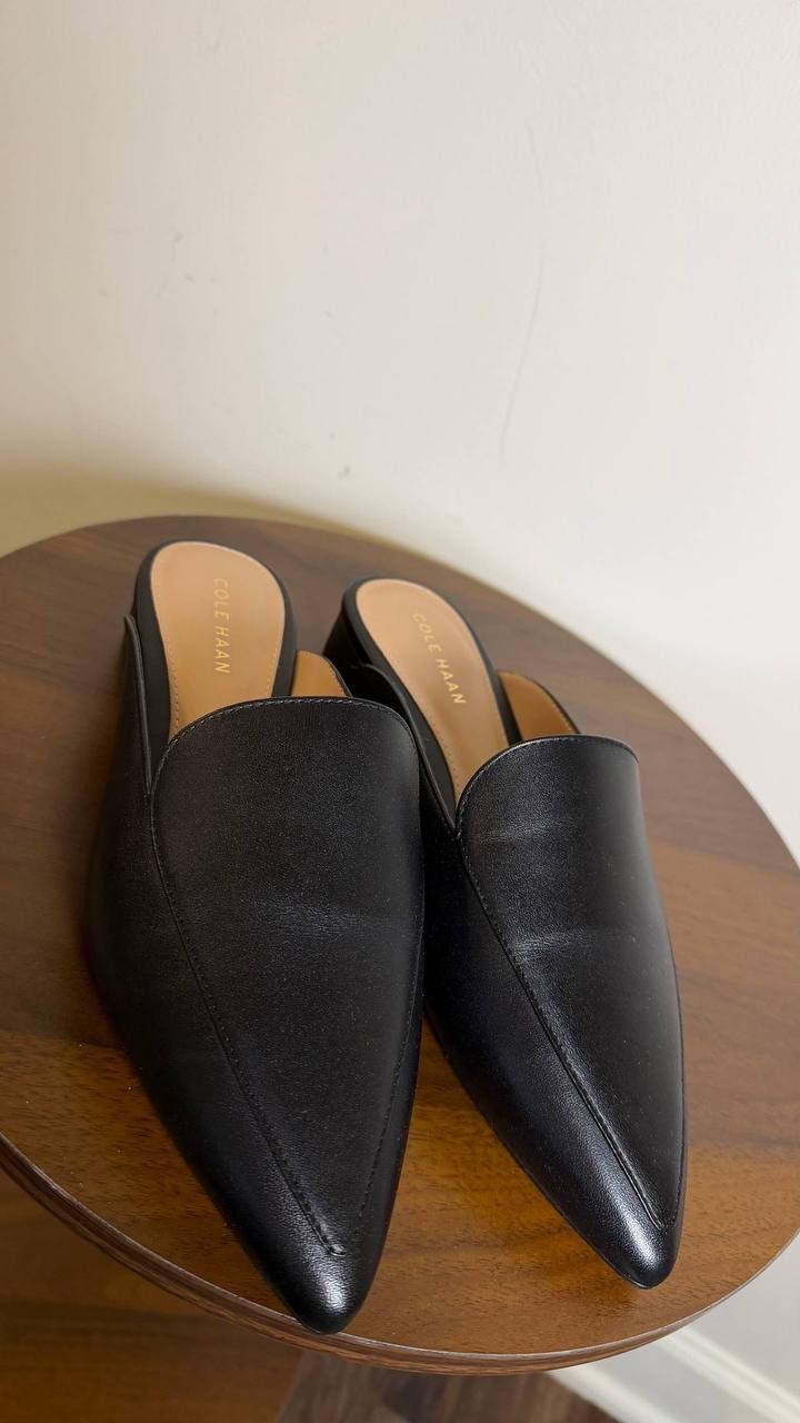Cole Haan Piper Mules 7.5B Black Leather Slip‑On Almond Square Toe NIB msrp$155