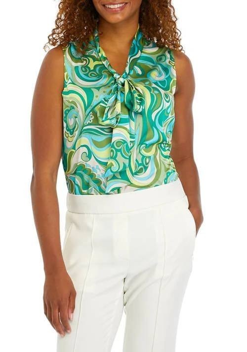 Tahari ASL Women's Bow Front Blouse XS Green Print Sleeveless Career Top NWT