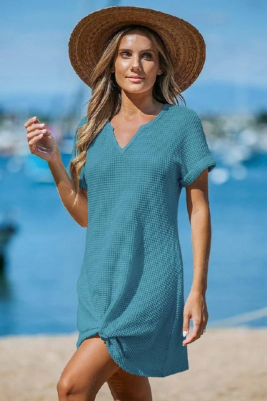 Cupshe Blue Waffle Knit Mini Dress Size L NWT Short Sleeve Beachwear