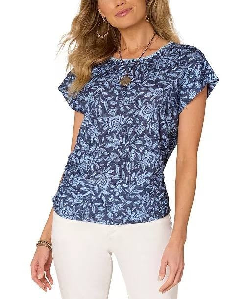 Democracy Printed Cap‑Sleeve Top Provence Blue PXL NWOT $48