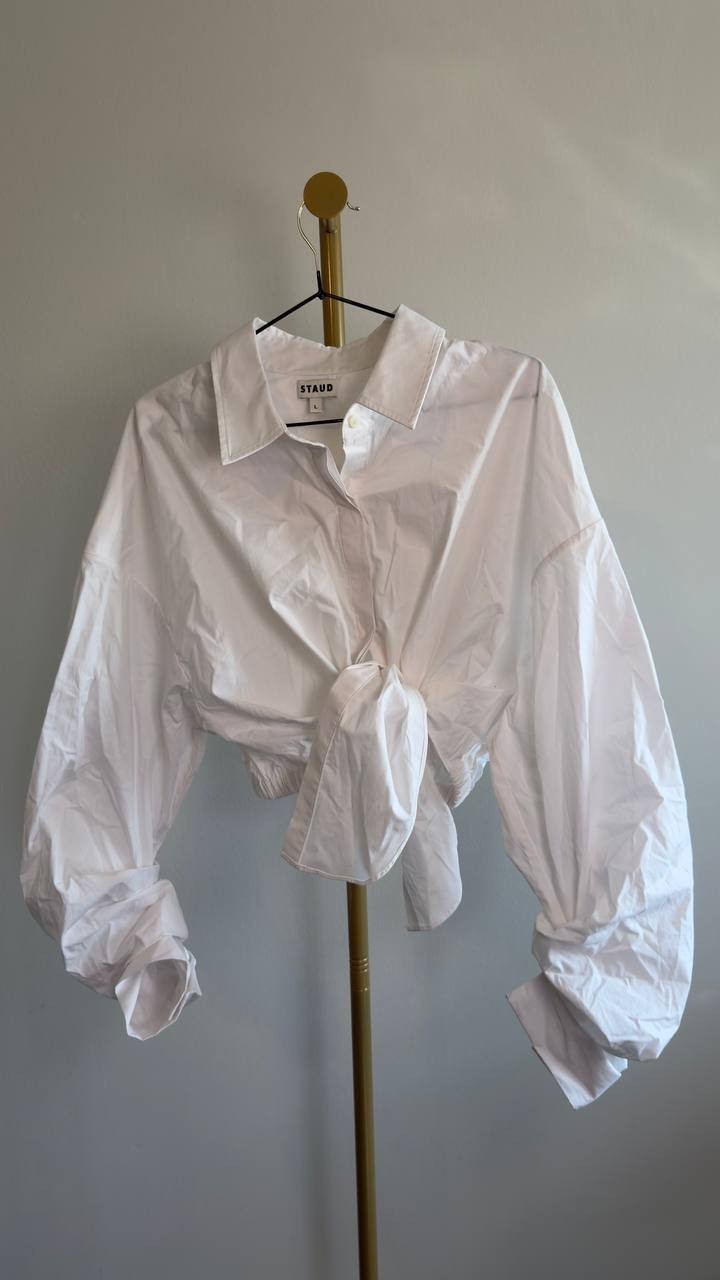 STAUD Lisa Crop Button‑Up Tie Waist Top White L NWOT $275