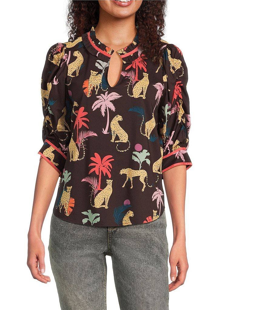 Democracy Top PS Petite Animal Palm Print Ruched Sleeve V-Neck NWT MSRP $78
