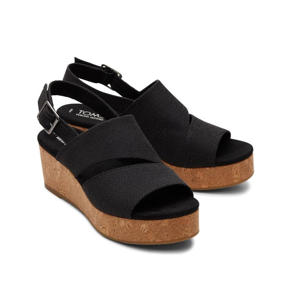 Toms Wedge Sandals 8.5 Black Textile Espadrille New in Box