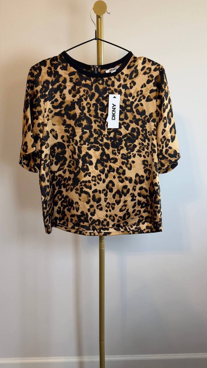 DKNY Brushstroke‑Print Short‑Sleeve Top Summer Cheetah S NWT $69
