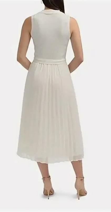 Ellen Tracy Ivory Sleeveless Pleated Dress Size L with Belt Good Pre-Owned
