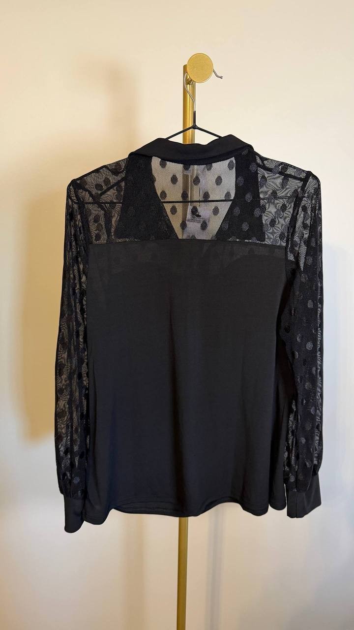 NY Collection Women’s Mesh Sleeve Top Black PL Petite $44 NWT