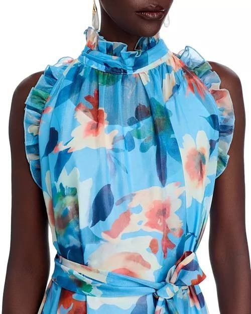 Nancy Yang Floral Maxi Dress Blue Multi Size M NWT Ruffled Skirt Summer Event