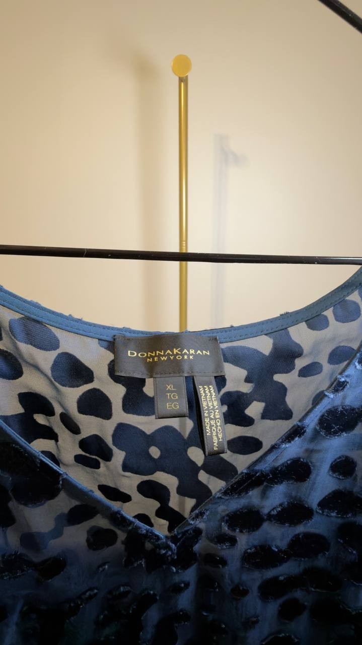 Donna Karan New York Cap‑Sleeve Silk‑Blend Burnout Blouse Blue XL NWT $129