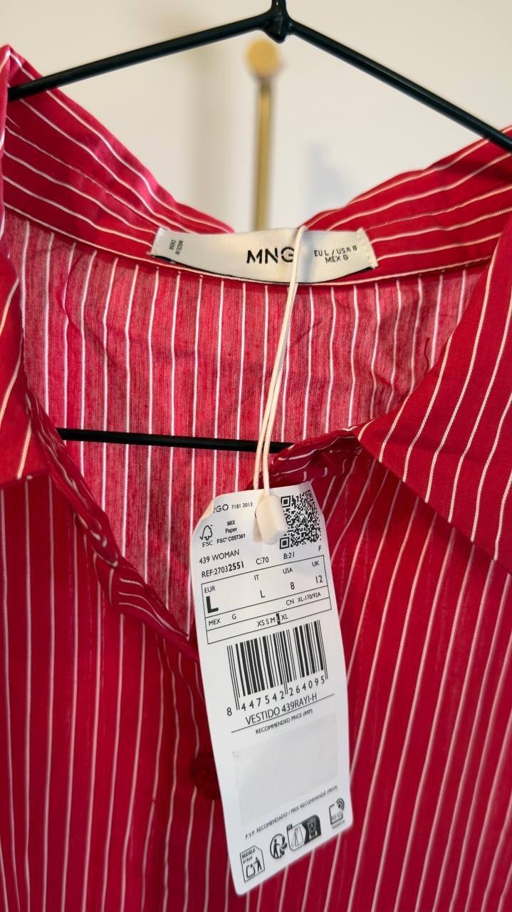 Mango Striped Shirt Dress Button Front Waist Tie Red Size 8 NWT $70