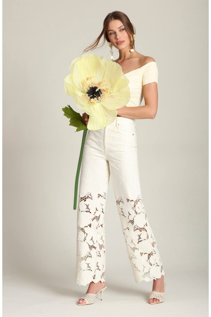 Avec Les Filles High Waist Embroidered Lace Cotton Pants Off White 27 NWT $158