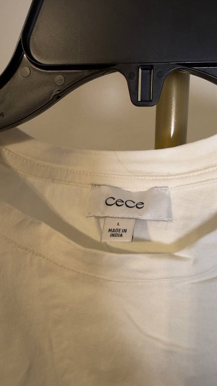 CeCe Women’s Combo Trim‑Sleeve Crew Neck Cotton Top New Ivory L NWT $59